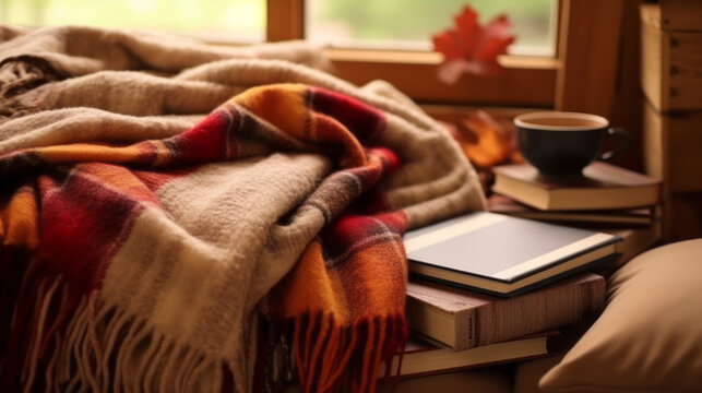 Cozy books and warm blankets in an autumn setting, creating a perfect spot for relaxation and reading