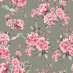 Gordijnen Watercolor flowers pattern, pink tropical elements, green leaves, green background, seamless © Leticia Back