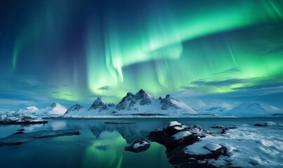 Naklejka premium Dramatic landscape with beautiful Northern Lights, Aurora borealis light show in the sky