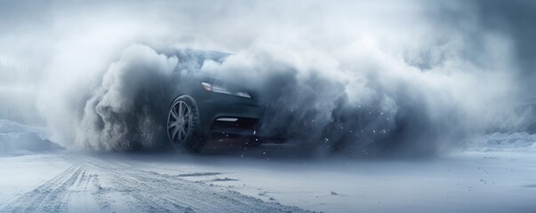 Drifting car on snowy wet road with skid, car accident, fire, banner panorama. Generative Ai.