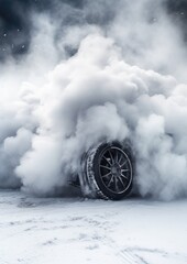 Drifting fast sports car on snowy wet road with skid, car accident, fire. Generative Ai.
