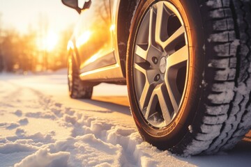 Winter snowy car tires in the snowing winter season on wet road. Generative Ai.