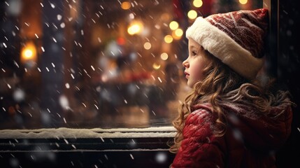 Emotional Christmas solitude: A sad child looks out the window at the enchanting night scene, deep in thought - obrazy, fototapety, plakaty