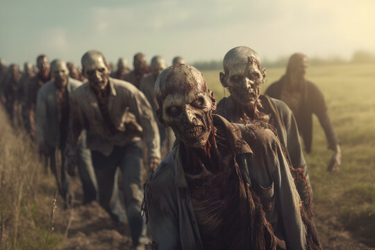 group of zombie standing in a field at summer day. Neural network generated image. Not based on any actual person, scene or pattern.
