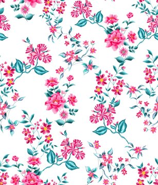 Watercolor flowers pattern, pink tropical elements, green leaves, white background, seamless © Leticia Back