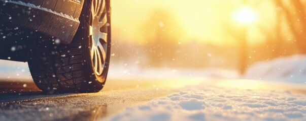 Winter snowy car tires in the snowing winter season on wet road, banner panorama. Generative Ai.
