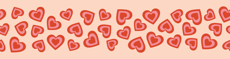 Seamless border of red and pink hearts. Cartoon elements in trendy retro style on pink background. Vector illustration