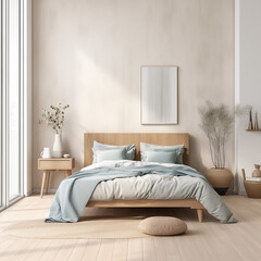 Home mockup, bedroom in scandinavian style, 3d render. AI generated.