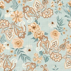 Watercolor flowers pattern,yellow tropical elements, blue leaves, paisley, blue background, seamless