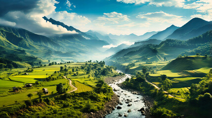 Mountain valley between mountain mountains with mist and clear blue sky - obrazy, fototapety, plakaty