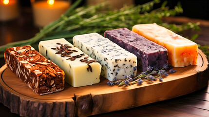 Artisanal Delights: Handcrafted Soaps Resting on a Rustic Wooden Slab, Showcasing Natural Ingredients and Skincare Elegance for Bathing Enthusiasts and Eco-Conscious Consumers - obrazy, fototapety, plakaty