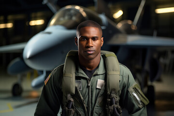 Fototapeta premium Night portrait of a modern fighter pilot. A serious young African American pilot poses against the backdrop of a modern fighter jet.