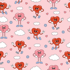 WebSeamless pattern of groovy hearts characters, flowers and clouds. Cartoon characters and elements in trendy retro style on pink background. Vector illustration