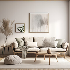 Home mockup, living room in scandinavian style, 3d render. AI generated.
