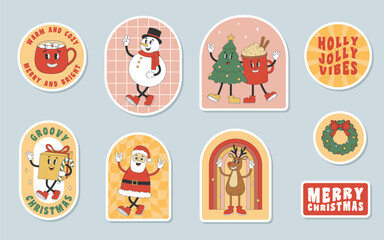 Christmas sticker pack with cute characters and elements in groovy retro style. Stickers for Merry Christmas and Happy New year greeting card, poster, party invitation. Vector illustration