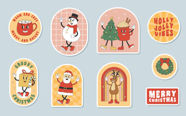 Fototapeta premium Christmas sticker pack with cute characters and elements in groovy retro style. Stickers for Merry Christmas and Happy New year greeting card, poster, party invitation. Vector illustration