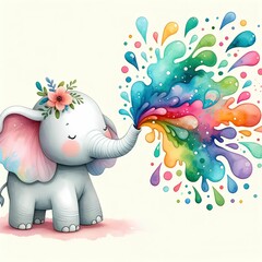 Elephant, center. Flower crown: pastel colors. Trunk: vibrant watercolor spray - blues, purples, pinks, yellows. Soft, whimsical feel. Contrast: realistic detail, abstract splash.