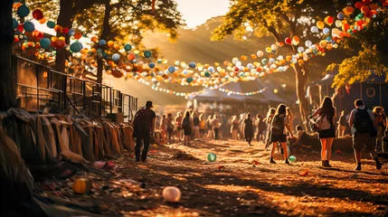 Foto op Canvas a crowd of people walking along a dirt road with colored light strings hanging above them © Jannat
