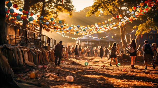 a crowd of people walking along a dirt road with colored light strings hanging above them