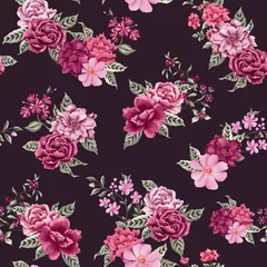 Poster Watercolor flowers pattern, pink romantic roses, green leaves, black background, seamless © Leticia Back