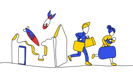 War. Rockets. Ruin. Refugees. People. Color vector