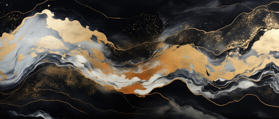 Abstract marble ink  backgroundpainted with gold and black paint