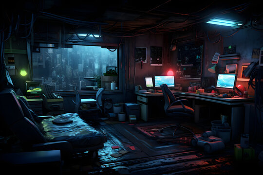 Messy and dark hi-tech cyberpunk hacker hideout room. Neural network generated image. Not based on any actual person or scene.