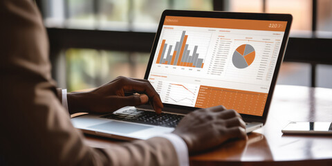 Close-up photo of a hands of an African American man with laptop. Trading cryptocurrency and securities. Financial analyst works in front of laptop monitor. Track quotes in real time.