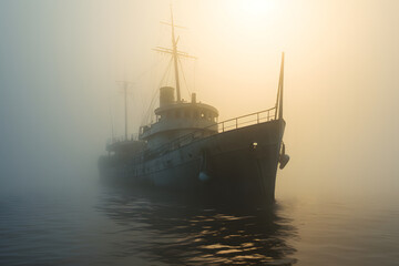 Fototapeta premium spectral ghost ship at foggy morning or evening. Neural network generated image. Not based on any actual person or scene.
