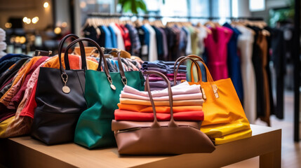 Stylish handbags and trendy shirts displayed for sale at a chic boutique clothing store