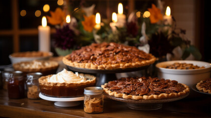 Fototapeta na wymiar Freshly baked pies and desserts thoughtfully arranged for fall and Thanksgiving, invoking warm memories