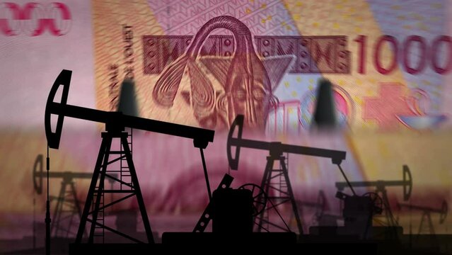 West African CFA money Franc Niger Mali Senegal Africa money counting machine with oil pump. Petroleum rig and fuel energy with XOF banknotes count. Abstract concept background loopable seamless 3d.