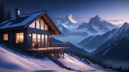 Winter skiing mountain cottage scene surrounded by snow covered in the Alps.

