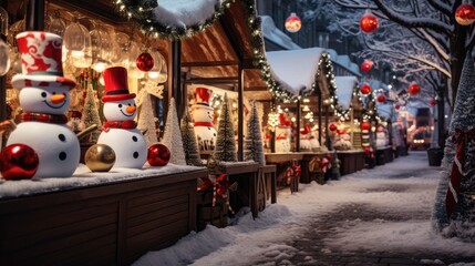 Fototapeta na wymiar Winter Magic at the Christmas Market: Snowman toys and festive decorations bring holiday cheer to this bustling Christmas market, creating a whimsical and joyful winter wonderland