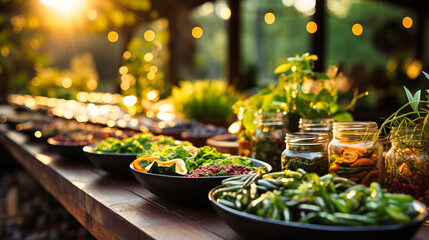 Outdoor dinner with vegetables on a wooden table - obrazy, fototapety, plakaty