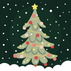 Decorated Christmas tree on a dark background with falling snow