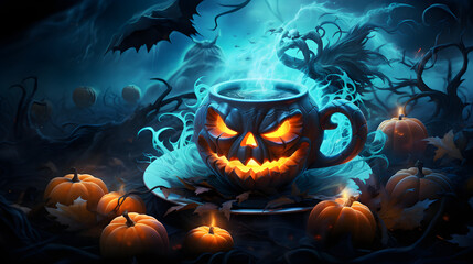 Halloween pumpkin teacup   - obrazy, fototapety, plakaty