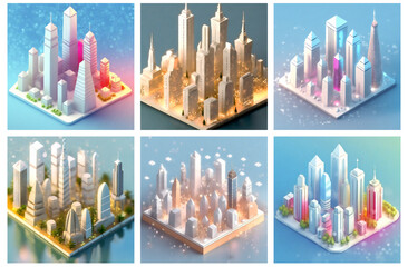 A set of AI generated isometric city with skyscrapers in a winter wonderland. Concept of Xmas in the city, urban winter season and holiday.