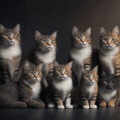 Studio image of large group of cats