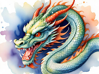 Obraz premium Chinese dragon. Fairytale monster. Watercolor illustration.