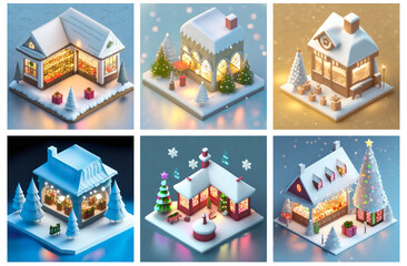 A set of AI generated isometric Christmas shops. Concept of Christmas shopping, Xmas, winter season and holiday.