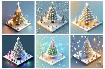 A set of AI generated isometric Christmas trees. Concept of Xmas, Santa Claus, presents and winter holiday season. Style of a winter wonderland.