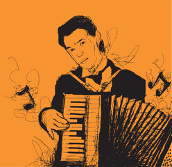 High contrast freehand illustration of accordion player - obrazy, fototapety, plakaty