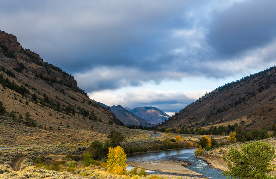 Landscape of the Shoshone River Valley in the Absaroka Mountains with the North Fork of the Shoshone River and Fall Color on a Cloudy Autum Day near Cody, Wyoming, USA 