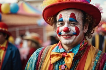 Funny laughing clown dressed in colorful clothes on colorful background. Generative Ai.