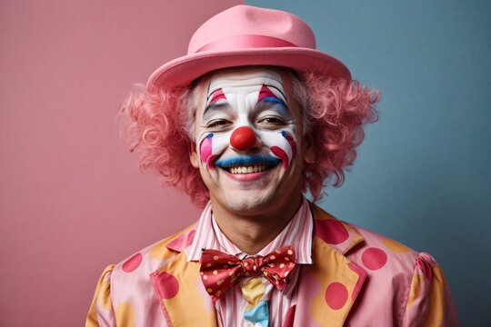 Funny laughing clown dressed in colorful clothes on colorful background. Generative Ai.