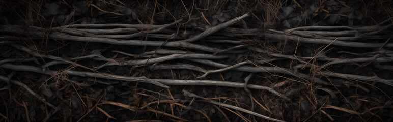 Photo of dark dry roots sticks on black soil for background or banner. Aerial shot, texture