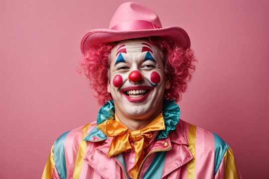 Funny laughing clown dressed in colorful clothes on colorful background. Generative Ai.