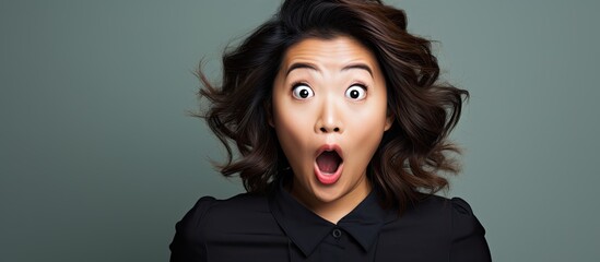 Fototapeta premium An enthusiastic woman of Asian descent clad in professional attire appears thrilled while holding a laptop