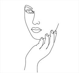 Continuous line drawing of Portrait of a Beautiful Woman's face. The Concept of Skin Beauty Care for young female models. Fashion beauty model with a white background. Vector